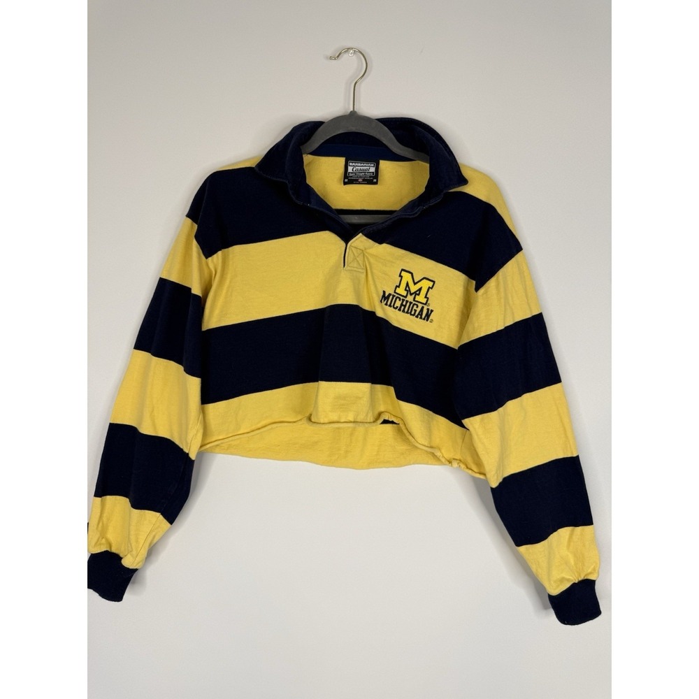Y2K Vintage Michigan Cropped Polo Long Sleeve Size Medium Barbarian Rugby Shirt